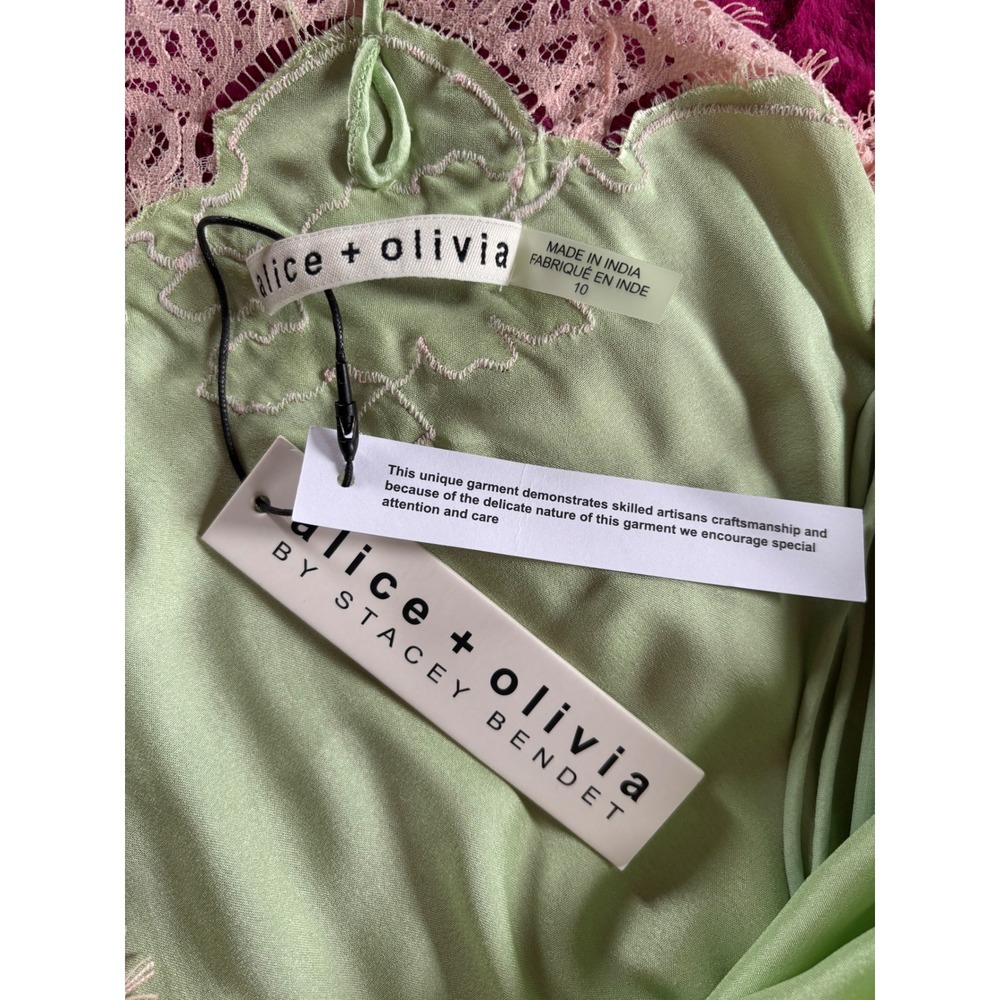 NWT* Alice + Olivia Kerr Midi Slip Dress Satin Green Pink Lace Fairy Romantic 10 - Picture 12 of 15